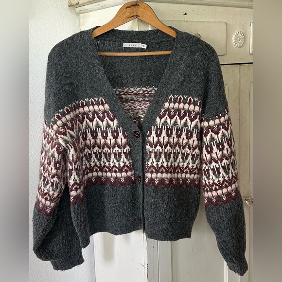 Lush | Women’s grey/maroon/cream wool blend Fair Isle 3button cardigan sweater L - Picture 13 of 16